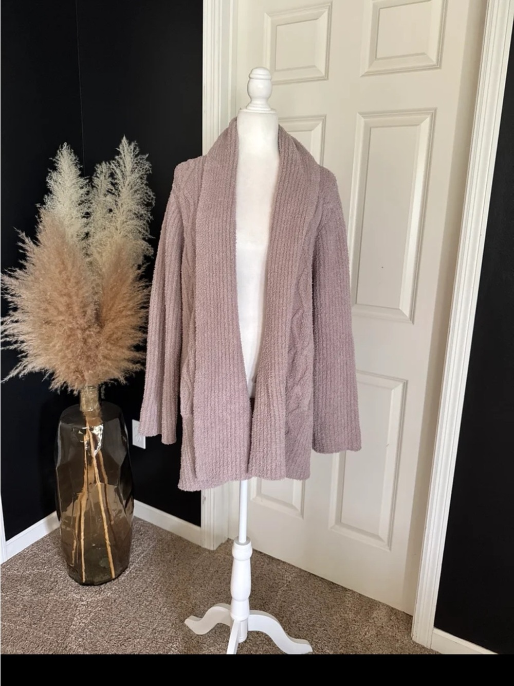 Barefoot Dreams CozyChic Cable Knit Cardigan Jacket Open Front Taupe Medium - Picture 6 of 12